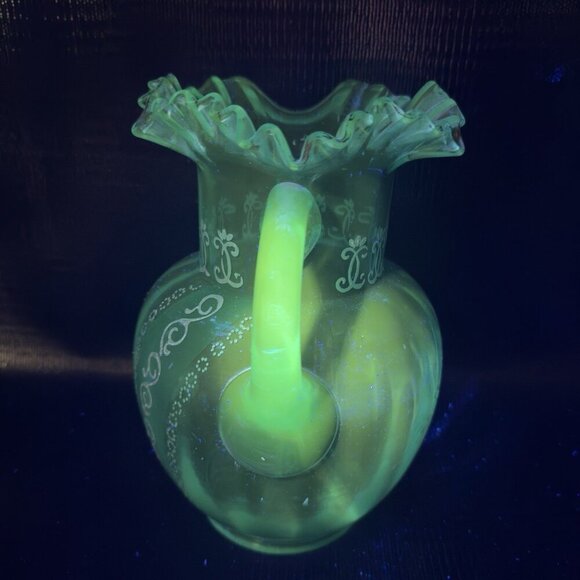 Antique Victorian Glass Pitcher Blue Enameled Crimped Rim Manganese 365nm Glow - Picture 14 of 16